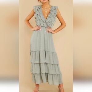 Elegant Ruffled Maxi Plunge Dress in Sage from Bella Ella Boutique Size: Small